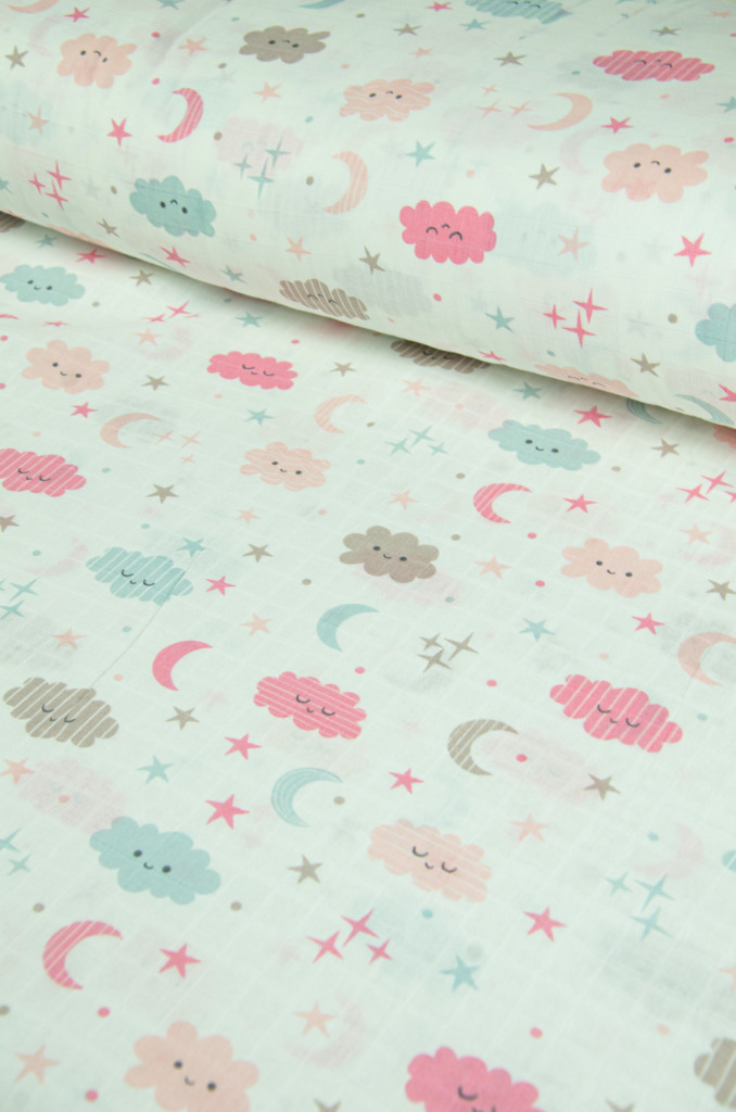 muslin fabric pink clouds moon stars